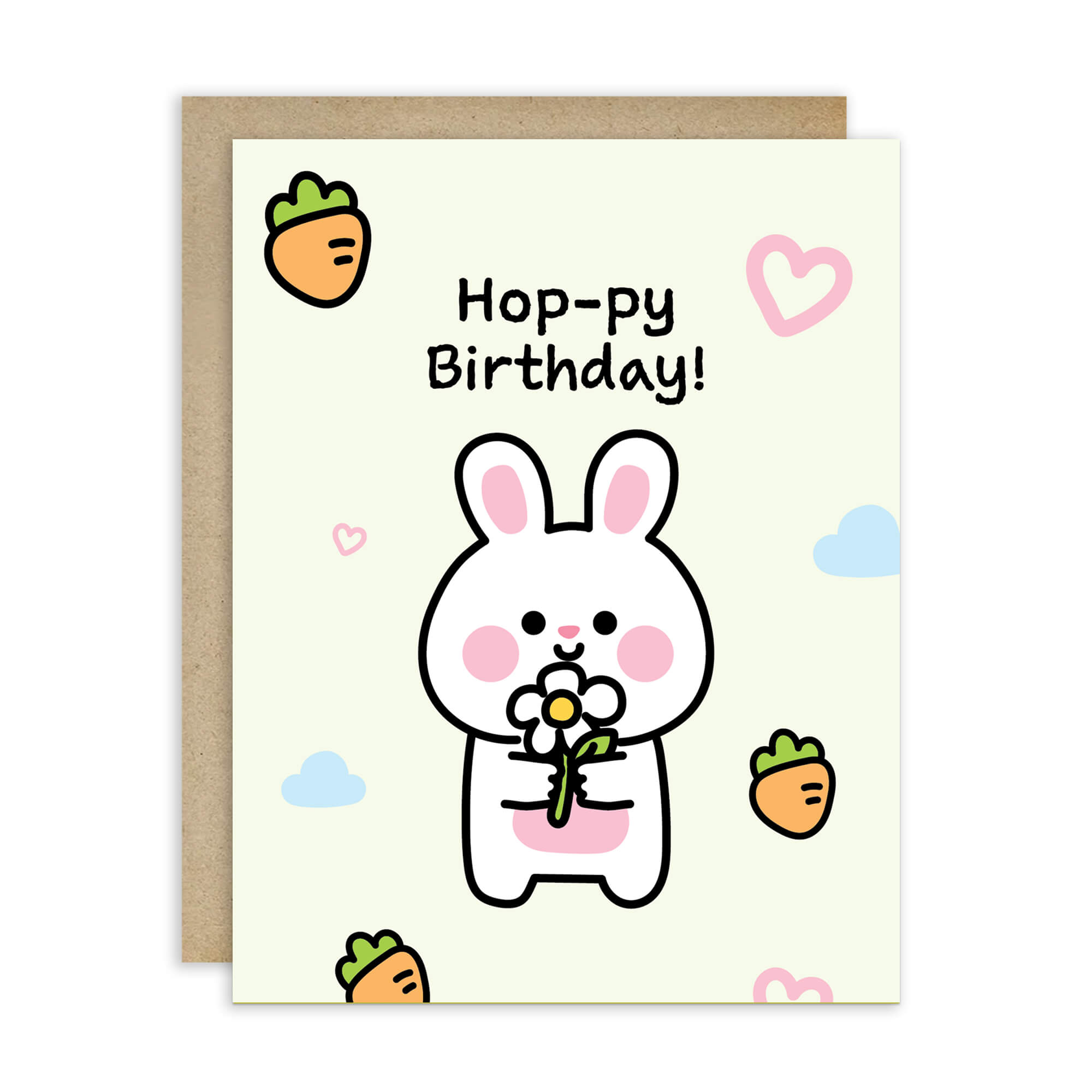 Birthday card with a cartoon rabbit holding a flower, surrounded by hearts and clouds on a light background.