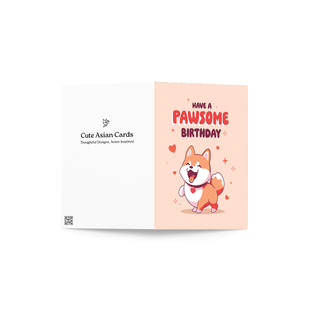 Greeting card with a dog illustration and 'Have a Pawsome Birthday' text on a white background.
