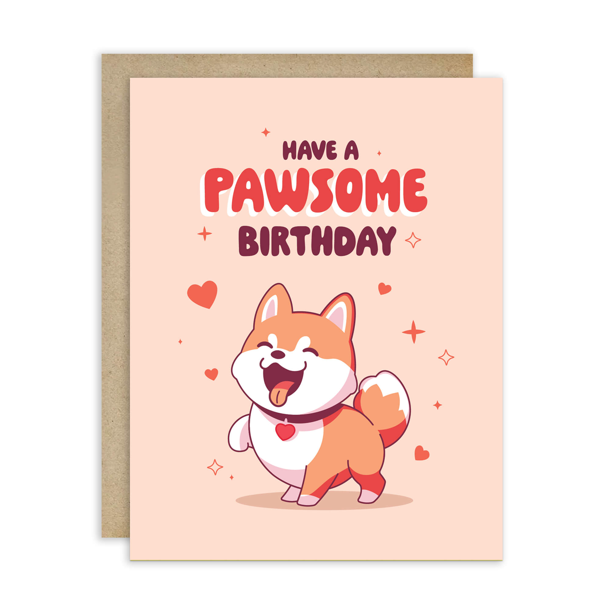 Birthday card with a cartoon dog and 'Have a Pawsome Birthday' text on a pink background