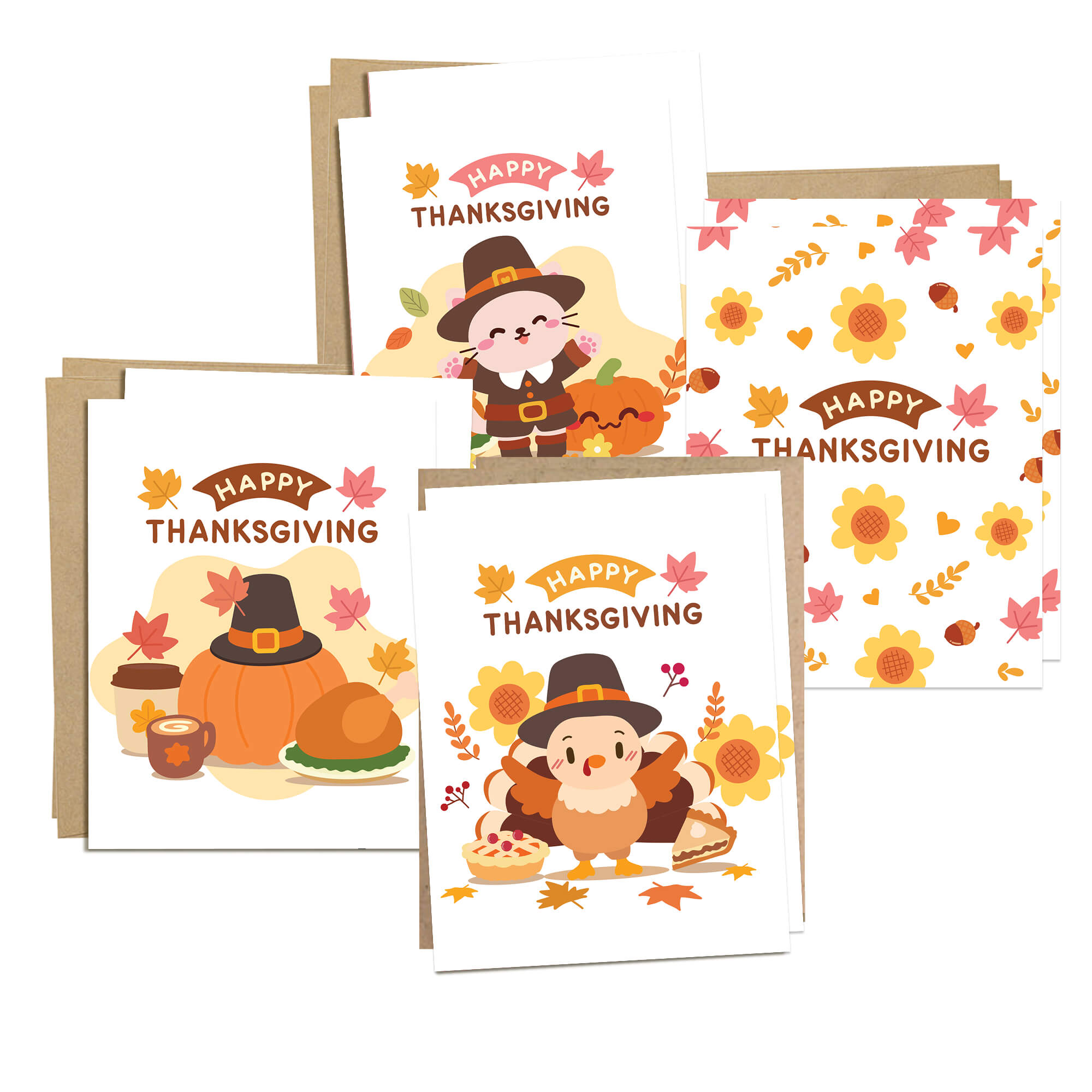 Pilgrim 8 Assorted Thanksgiving Cards | Cute Turkey Asian Greetings Boxed Set