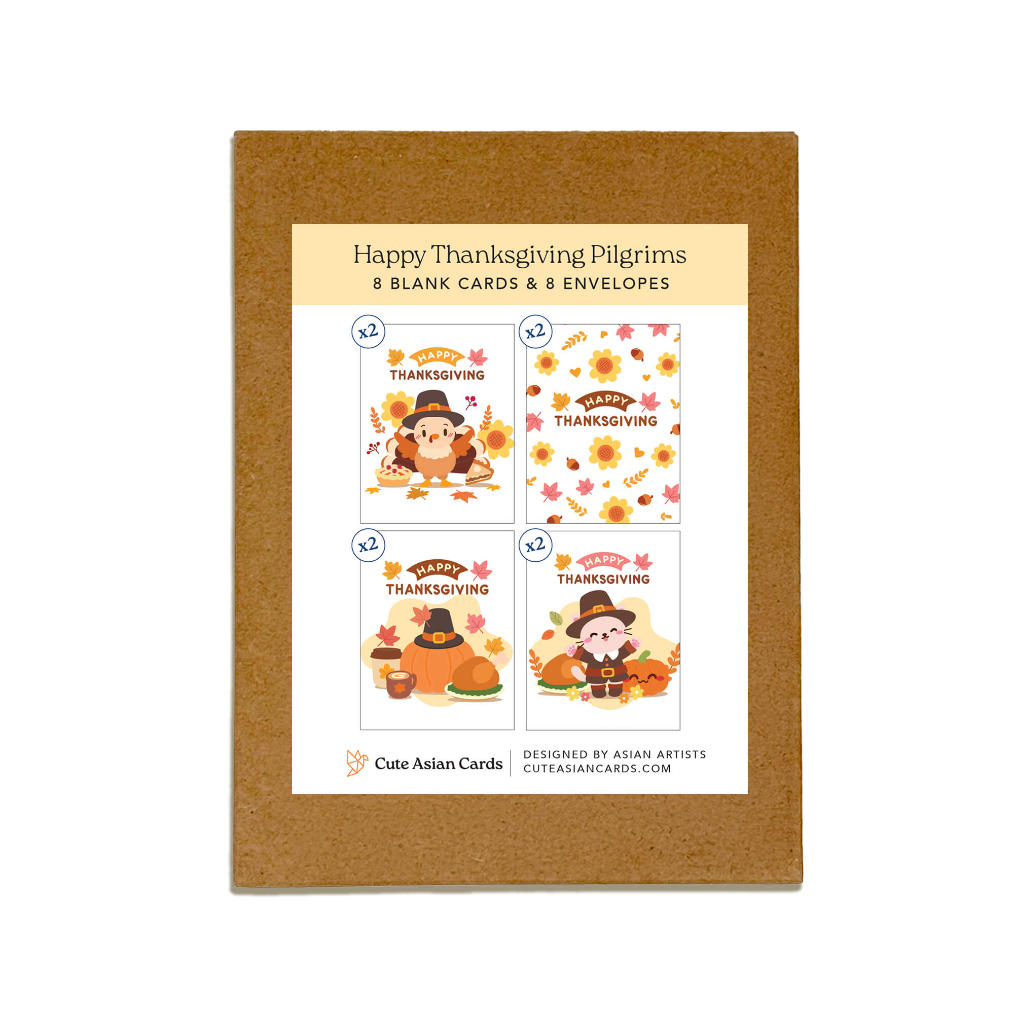 Pilgrim 8 Assorted Thanksgiving Cards | Cute Turkey Asian Greetings Boxed Set