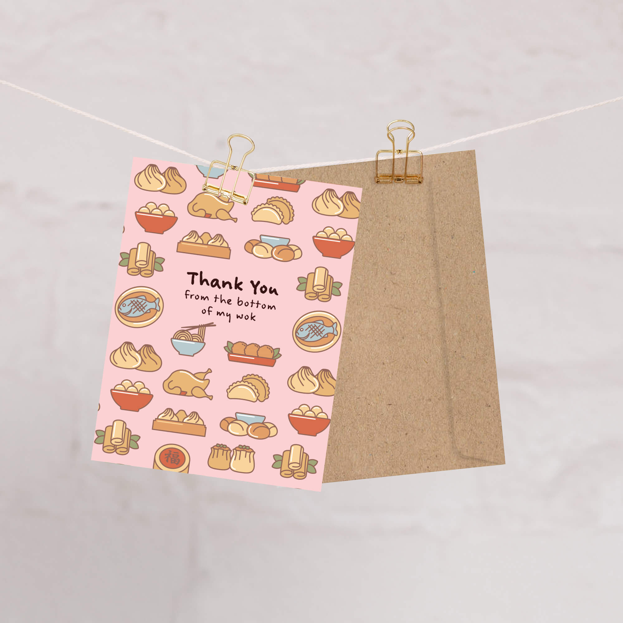 cute thank you card with chinese food and Dim sum graphics on pink background with text “Thank You from the bottom of my wok.”