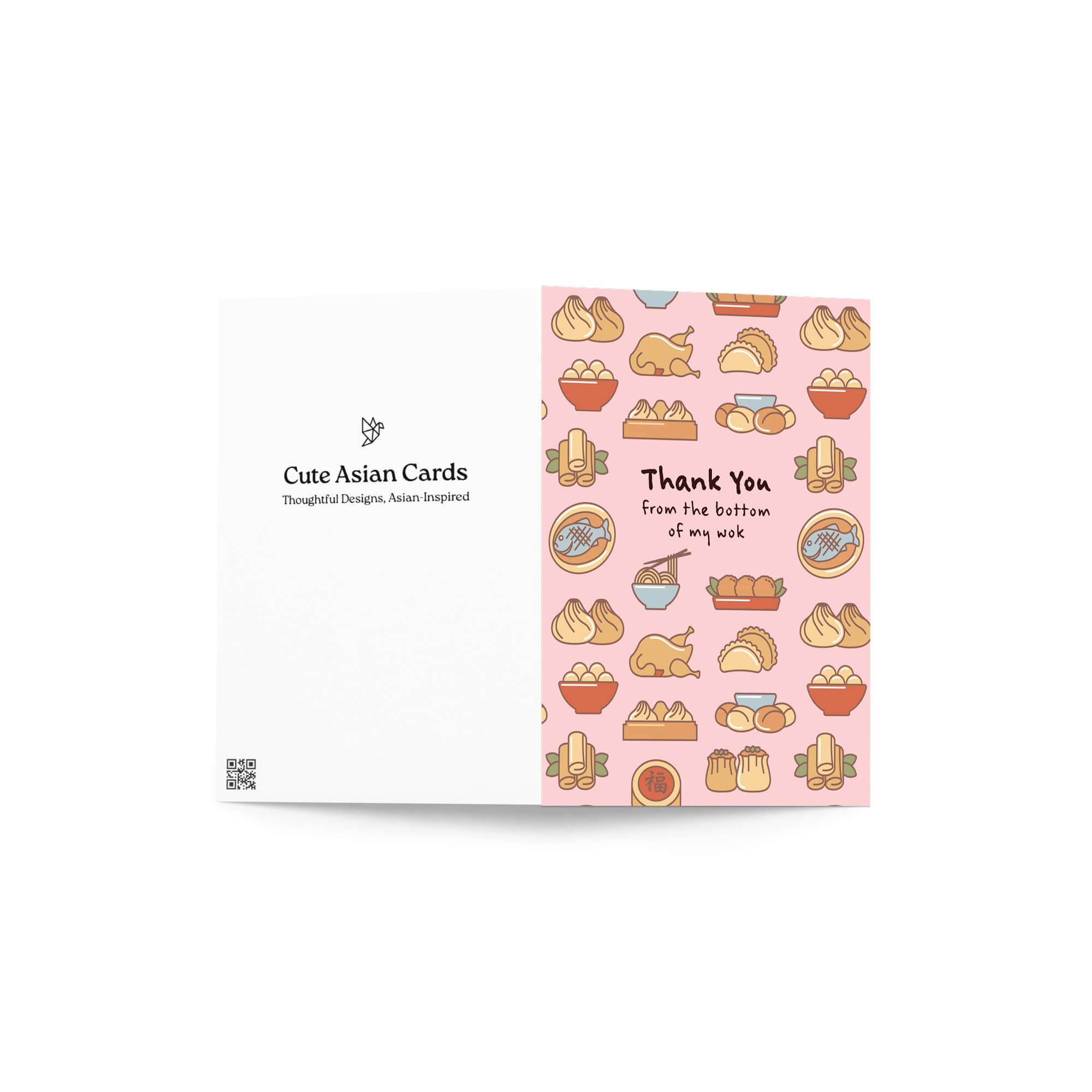 cute thank you card with chinese food and Dim sum graphics on pink background with text “Thank You from the bottom of my wok.”