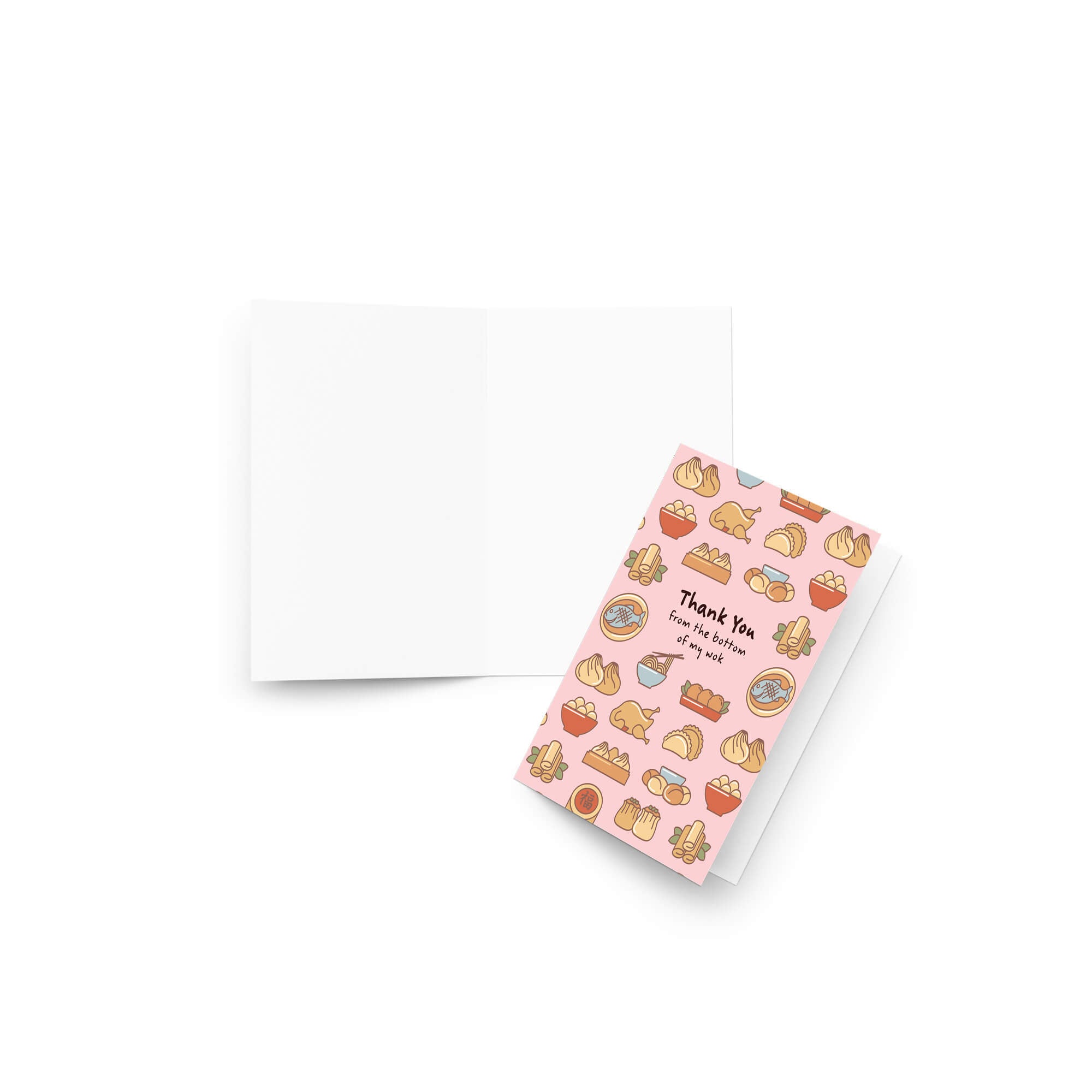 cute thank you card with chinese food and Dim sum graphics on pink background with text “Thank You from the bottom of my wok.”