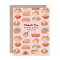 cute thank you card with chinese food and Dim sum graphics on pink background with text “Thank You from the bottom of my wok.”