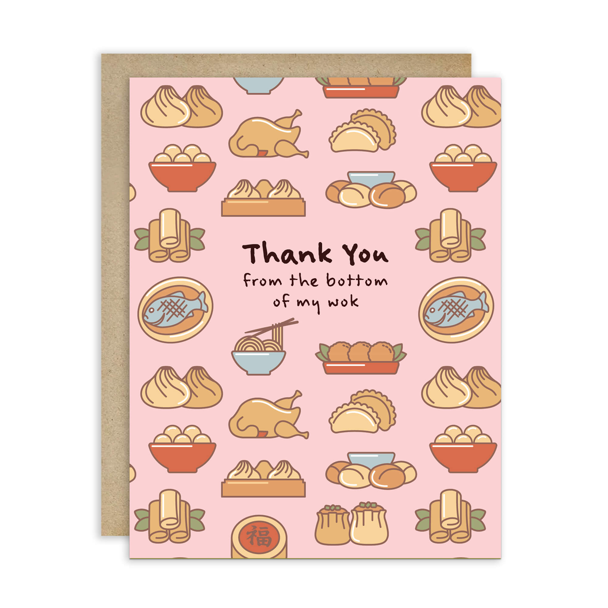 cute thank you card with chinese food and Dim sum graphics on pink background with text “Thank You from the bottom of my wok.”