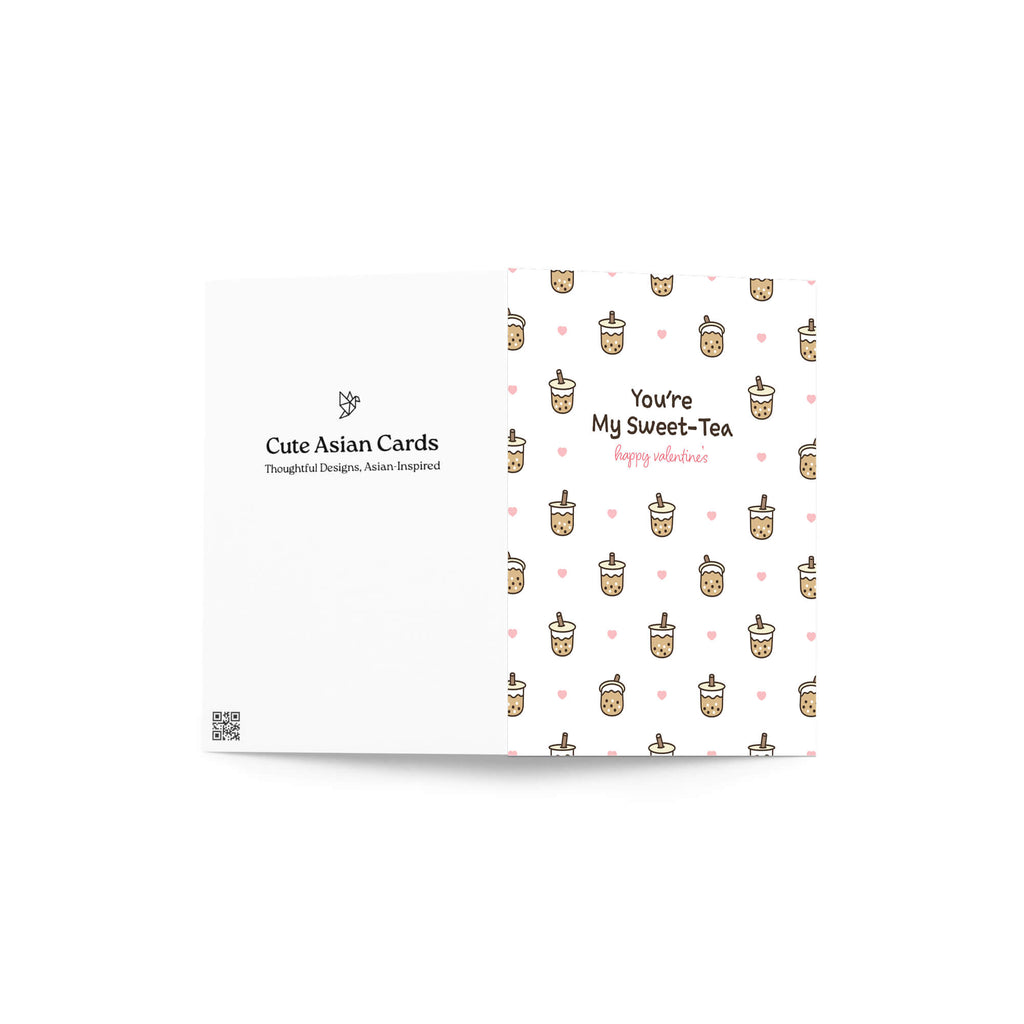 valentines day card with Pattern of small boba cups with hearts and the line “You’re My Sweet-Tea.”