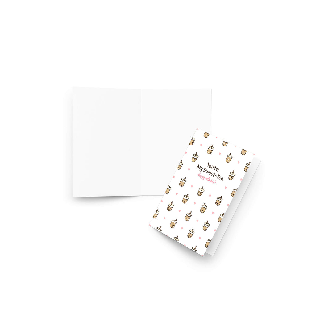 valentines day card with Pattern of small boba cups with hearts and the line “You’re My Sweet-Tea.”