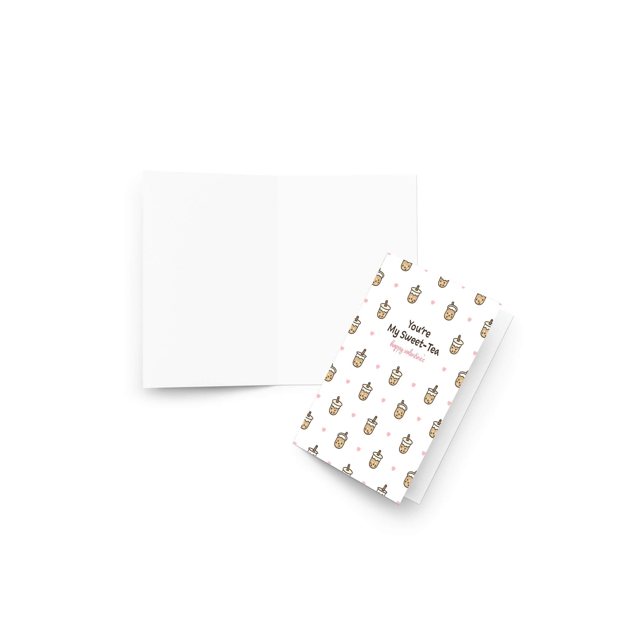 valentines day card with Pattern of small boba cups with hearts and the line “You’re My Sweet-Tea.”