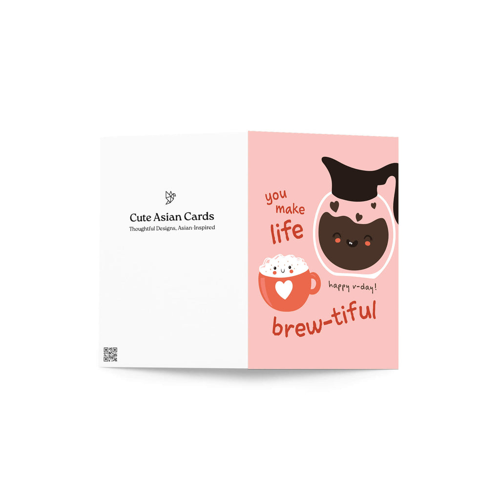 cute valentines day card with a Smiling coffee carafe and heart latte mug on blush pink; text “You make life brew-tiful.”