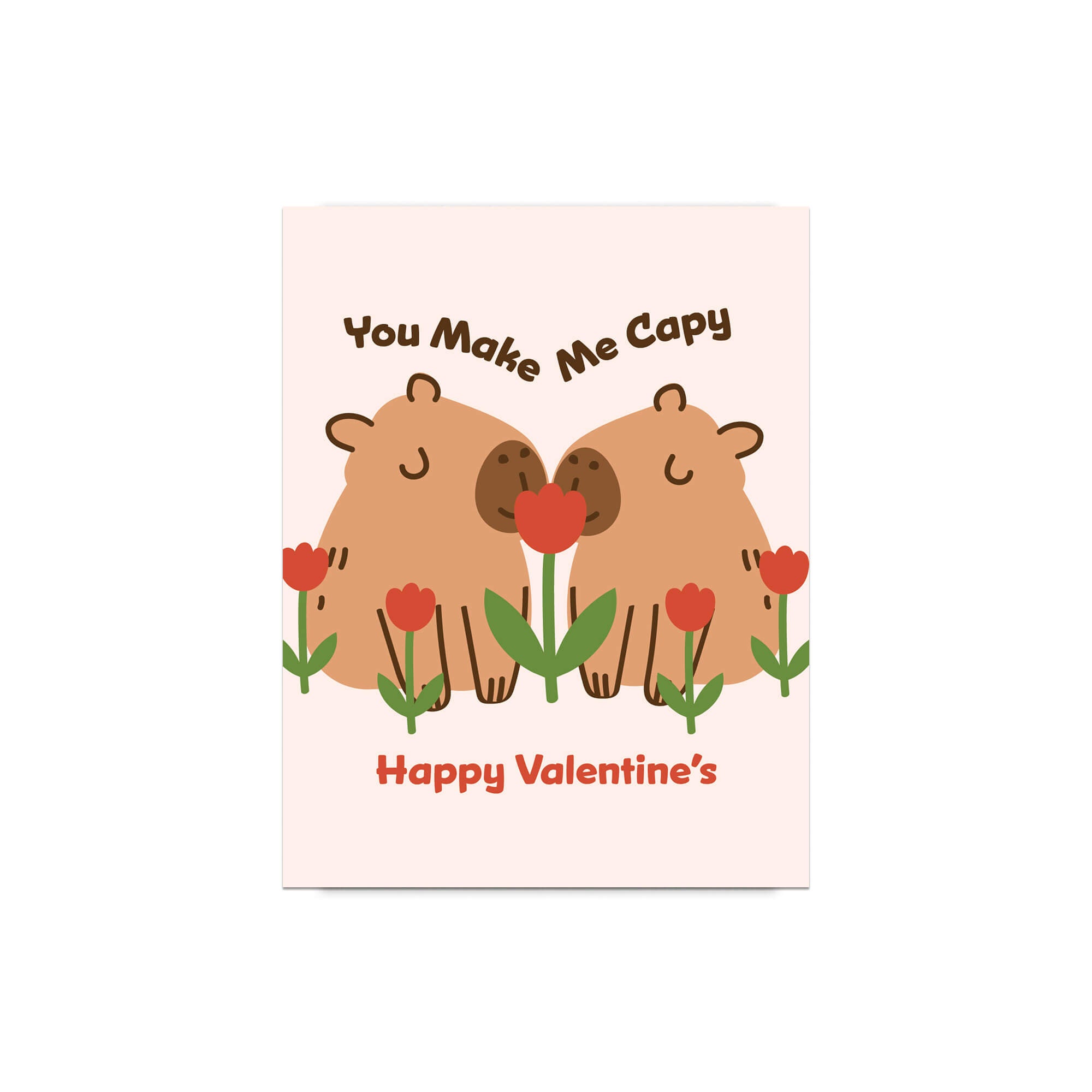 Valentine's Day card with cartoon bears and flowers on a light pink background