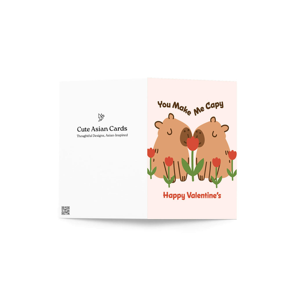 Valentine's Day card with cartoon bears and flowers on a white background
