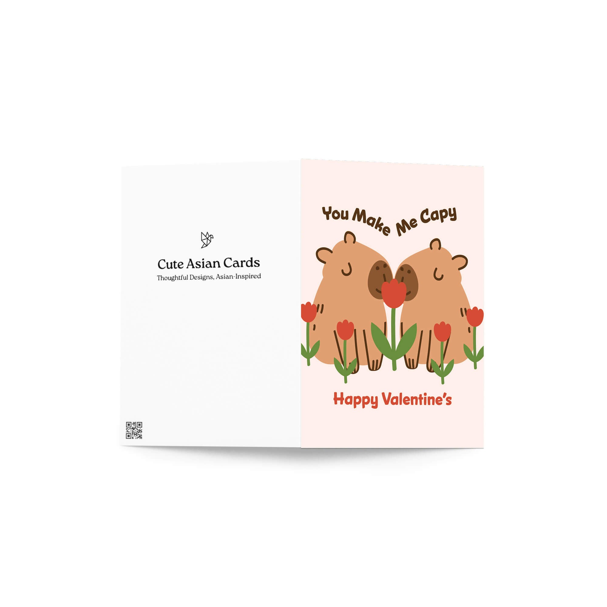 Valentine's Day card with cartoon bears and flowers on a white background