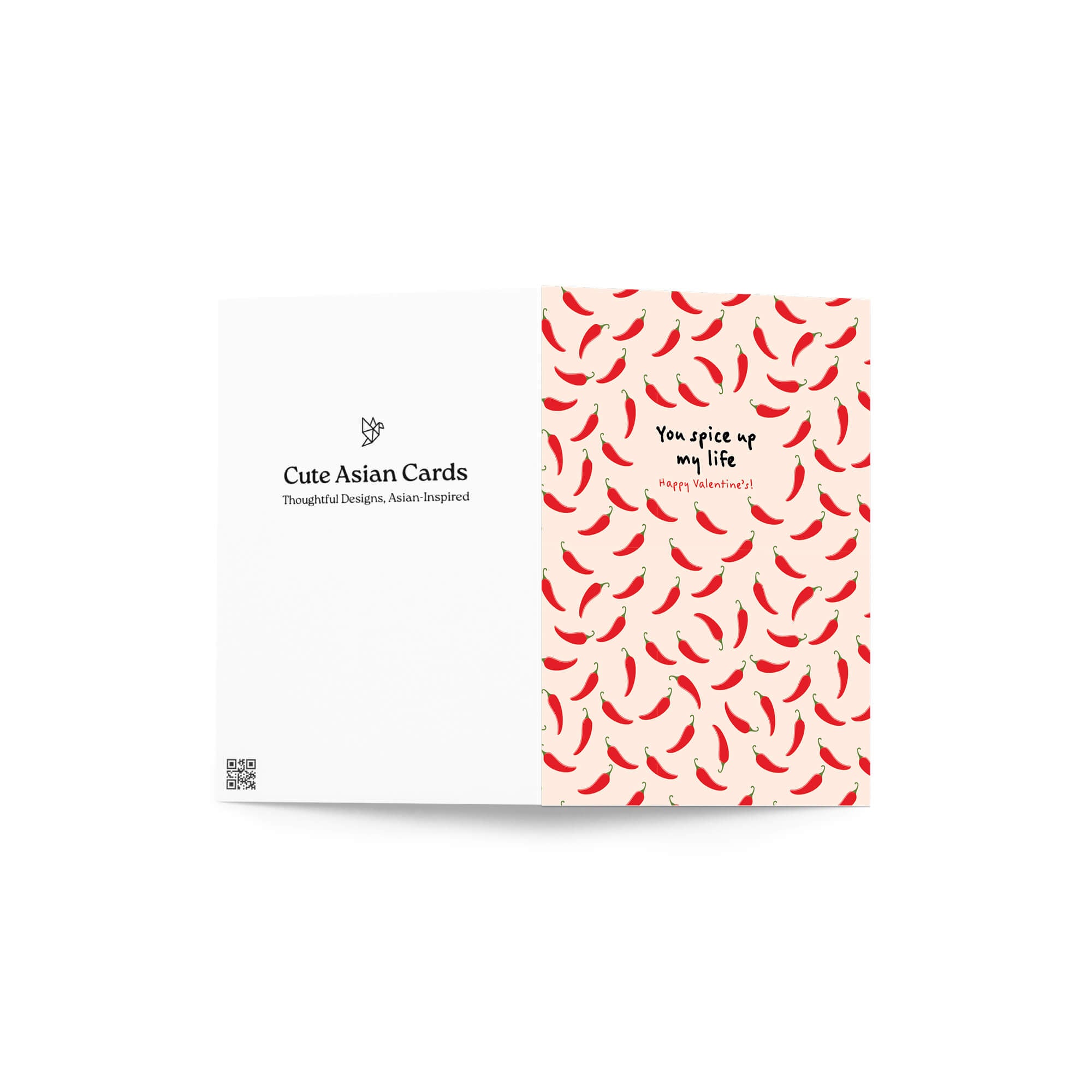 light pink valentines day card with repeating red chilies and center text “You spice up my life — Happy Valentine’s.”