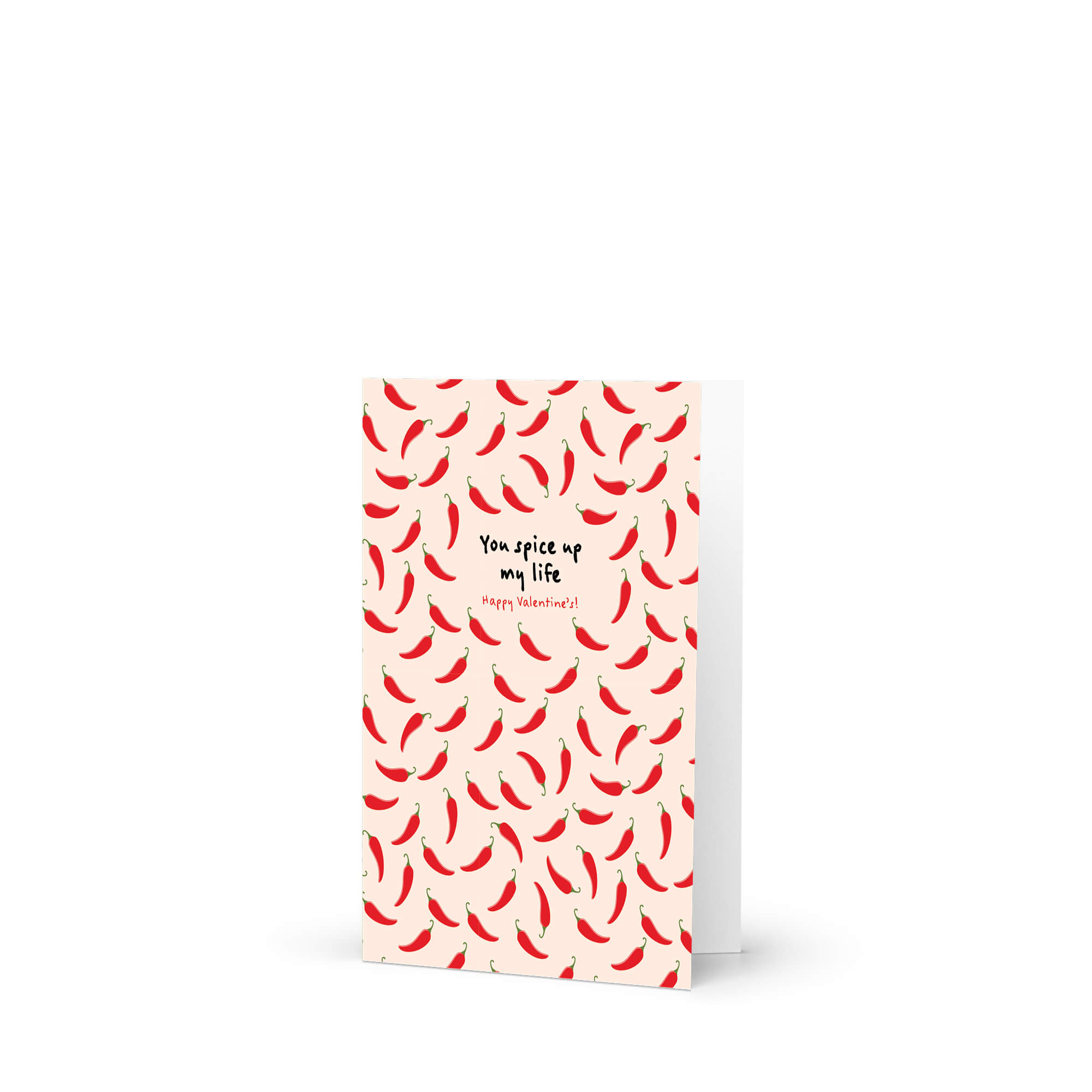 light pink valentines day card with repeating red chilies and center text “You spice up my life — Happy Valentine’s.”