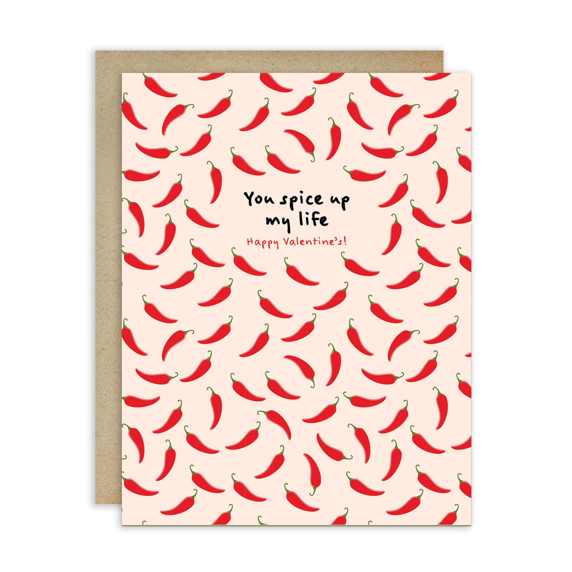light pink valentines day card with repeating red chilies and center text “You spice up my life — Happy Valentine’s.”