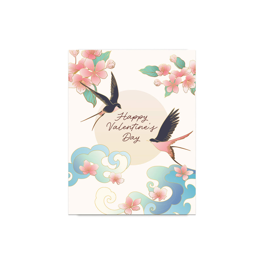 Valentine's Day card with birds and flowers on a white background