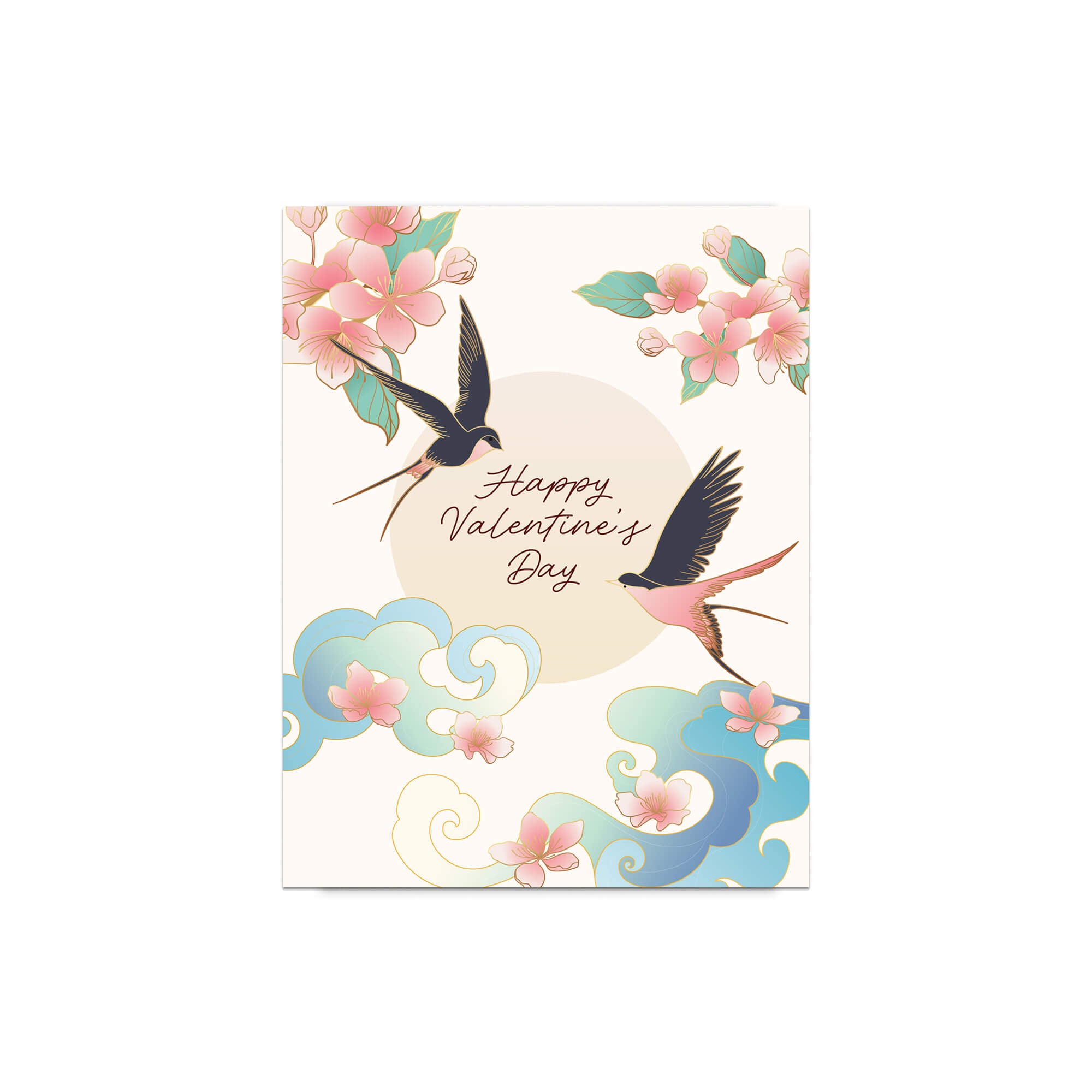 Valentine's Day card with birds and flowers on a white background