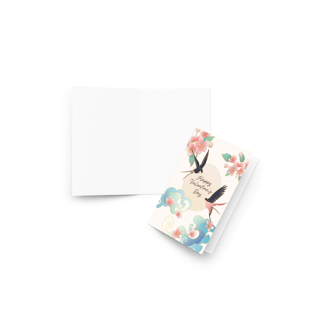 Greeting card with floral and bird design on a white background