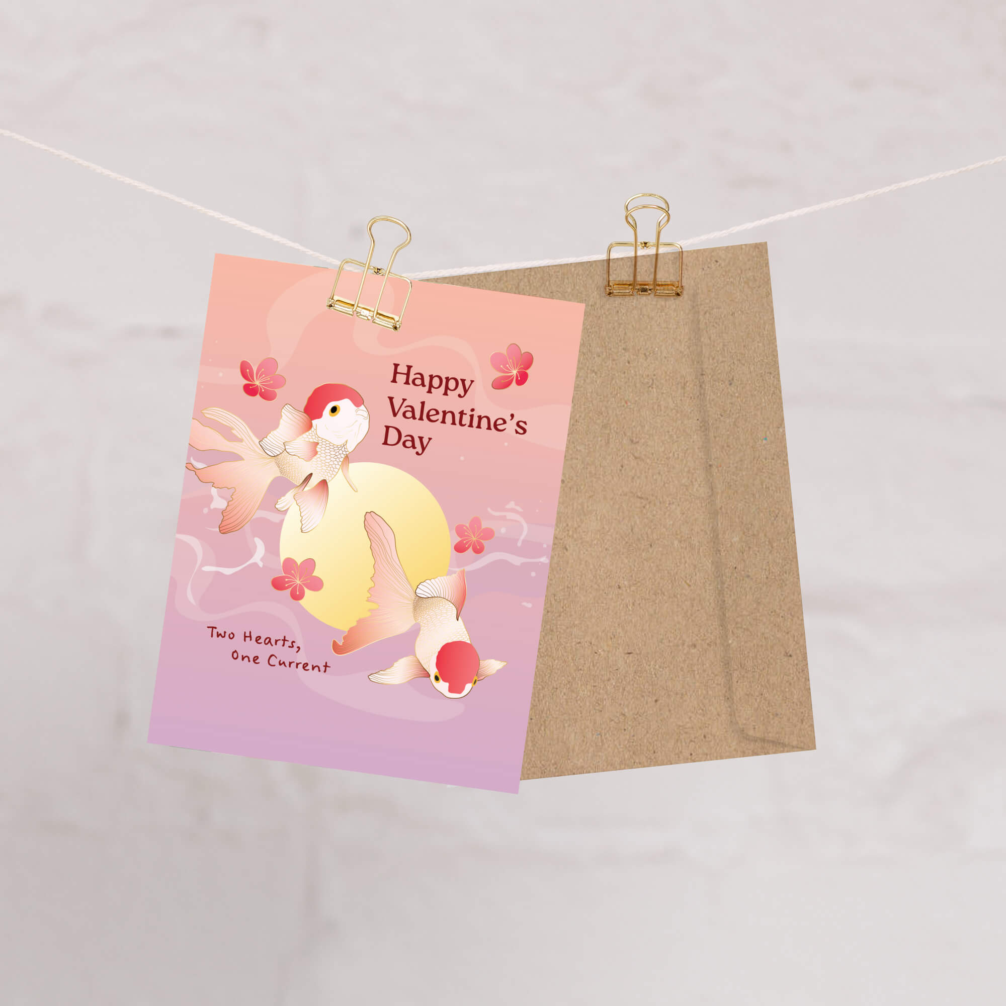 Two koi fish circling a moon with blossoms and text “Happy Valentine’s Day — Two Hearts, One Current.”