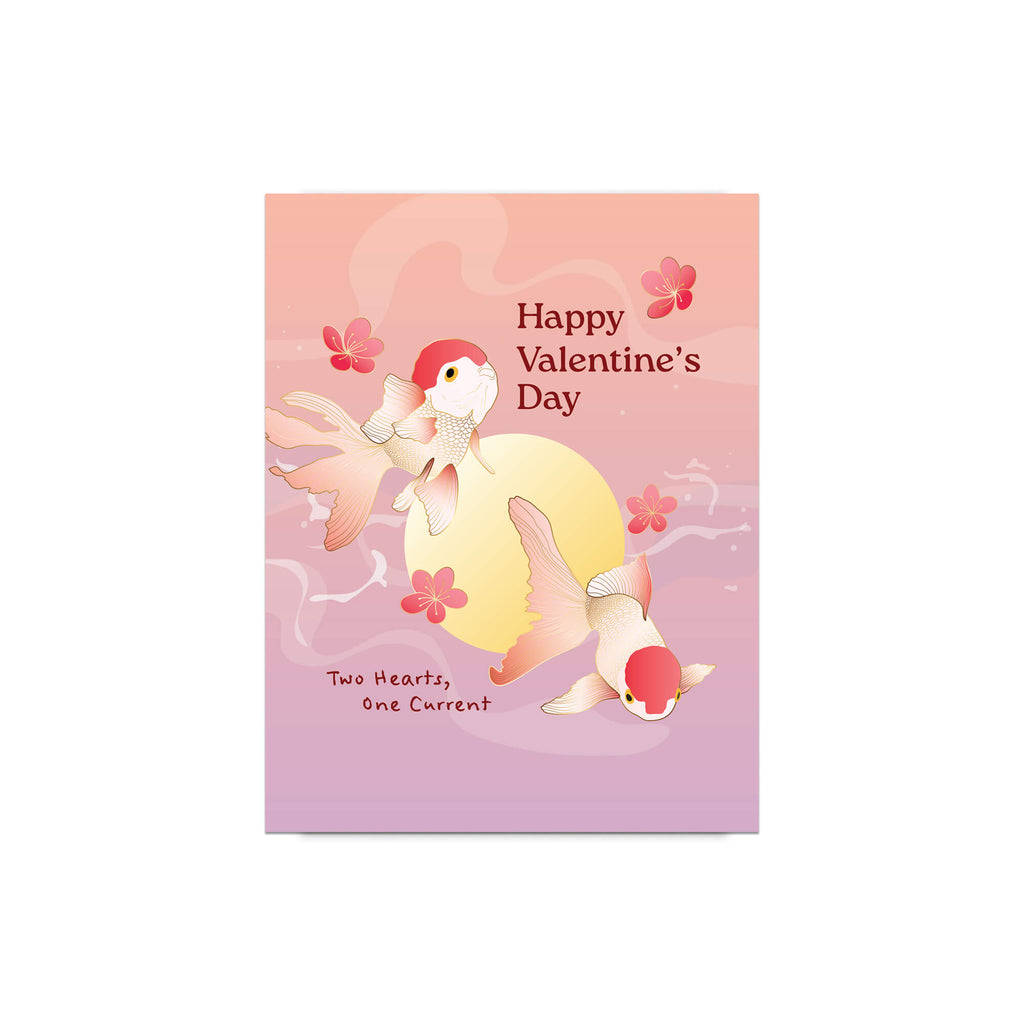 Two koi fish circling a moon with blossoms and text “Happy Valentine’s Day — Two Hearts, One Current.”