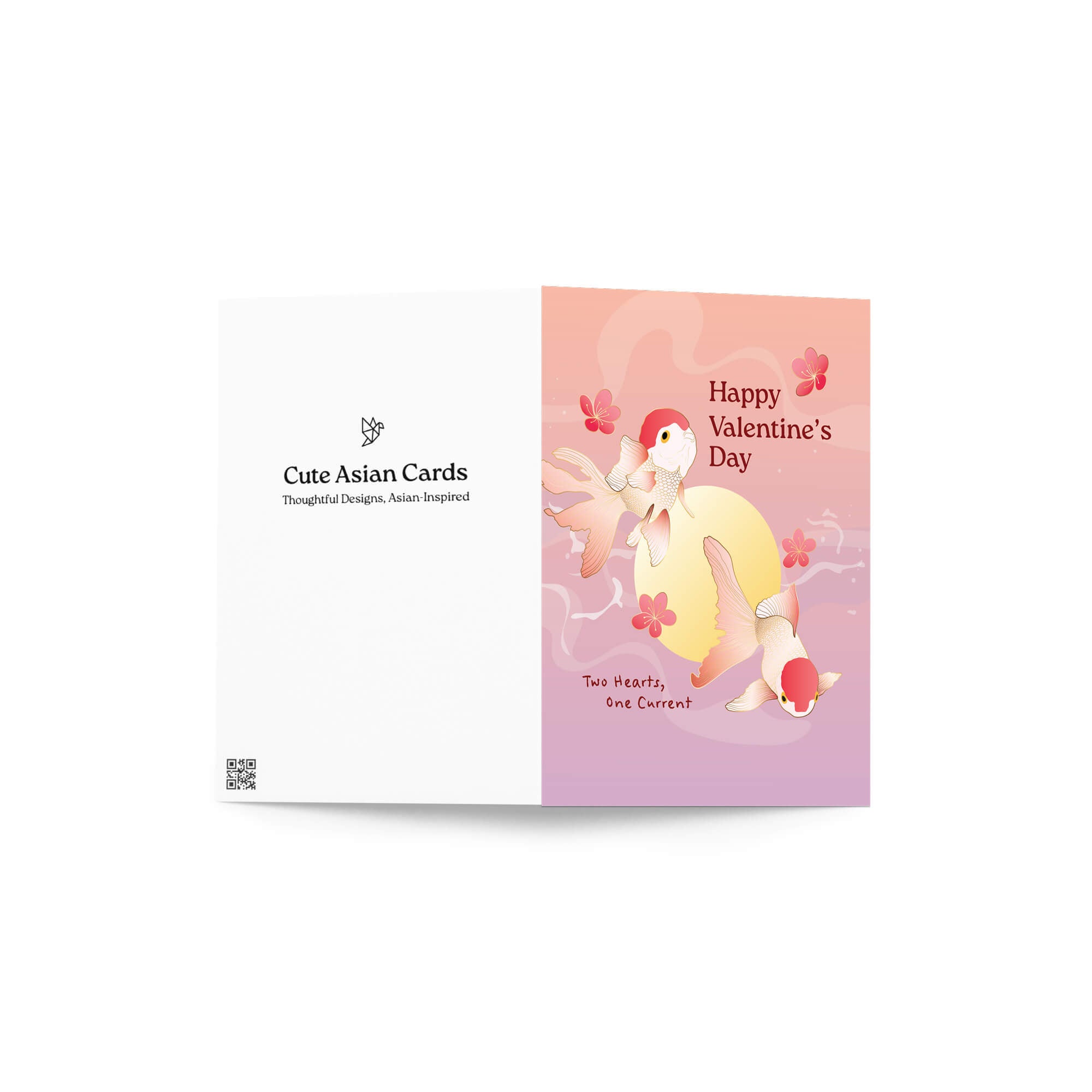 Two koi fish circling a moon with blossoms and text “Happy Valentine’s Day — Two Hearts, One Current.”