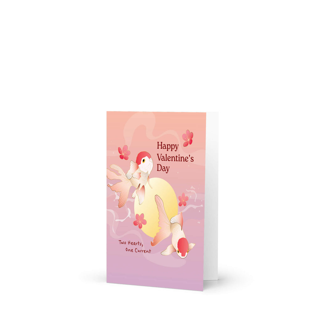 Two koi fish circling a moon with blossoms and text “Happy Valentine’s Day — Two Hearts, One Current.”