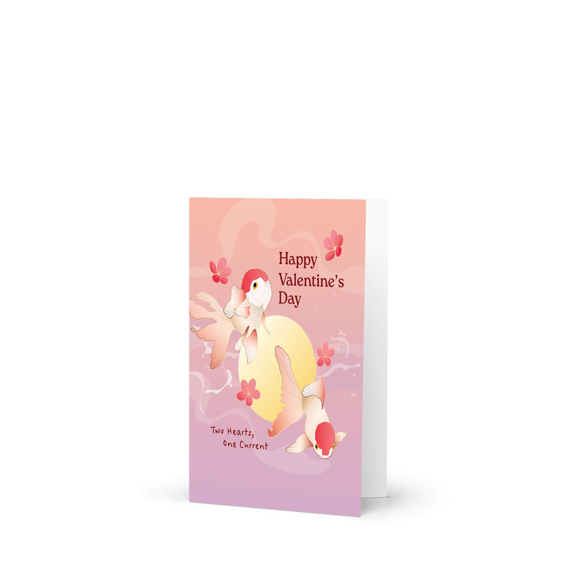 Two koi fish circling a moon with blossoms and text “Happy Valentine’s Day — Two Hearts, One Current.”