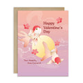 Valentine's Day card with cartoon fish and flowers on a pink background