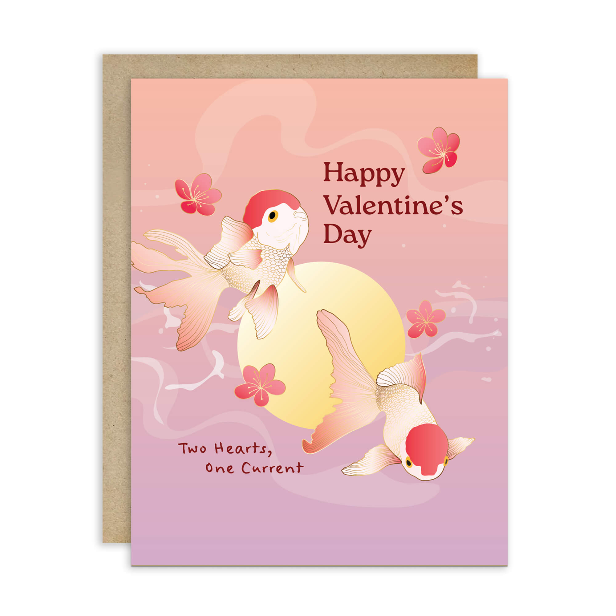 Valentine's Day card with cartoon fish and flowers on a pink background