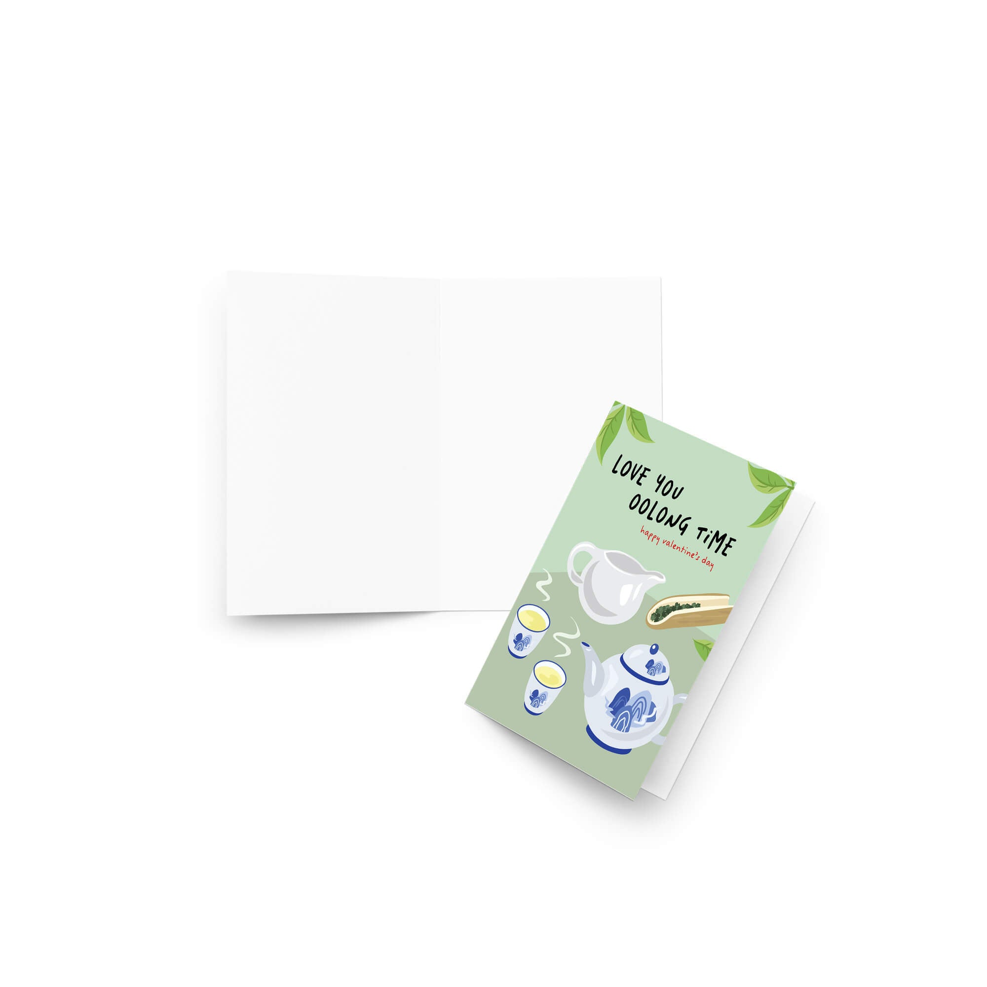 asian inspired valentintues day card with White and blue china teapot, cups, and oolong loose leaf tea on soft green; text “Love you oolong time.”