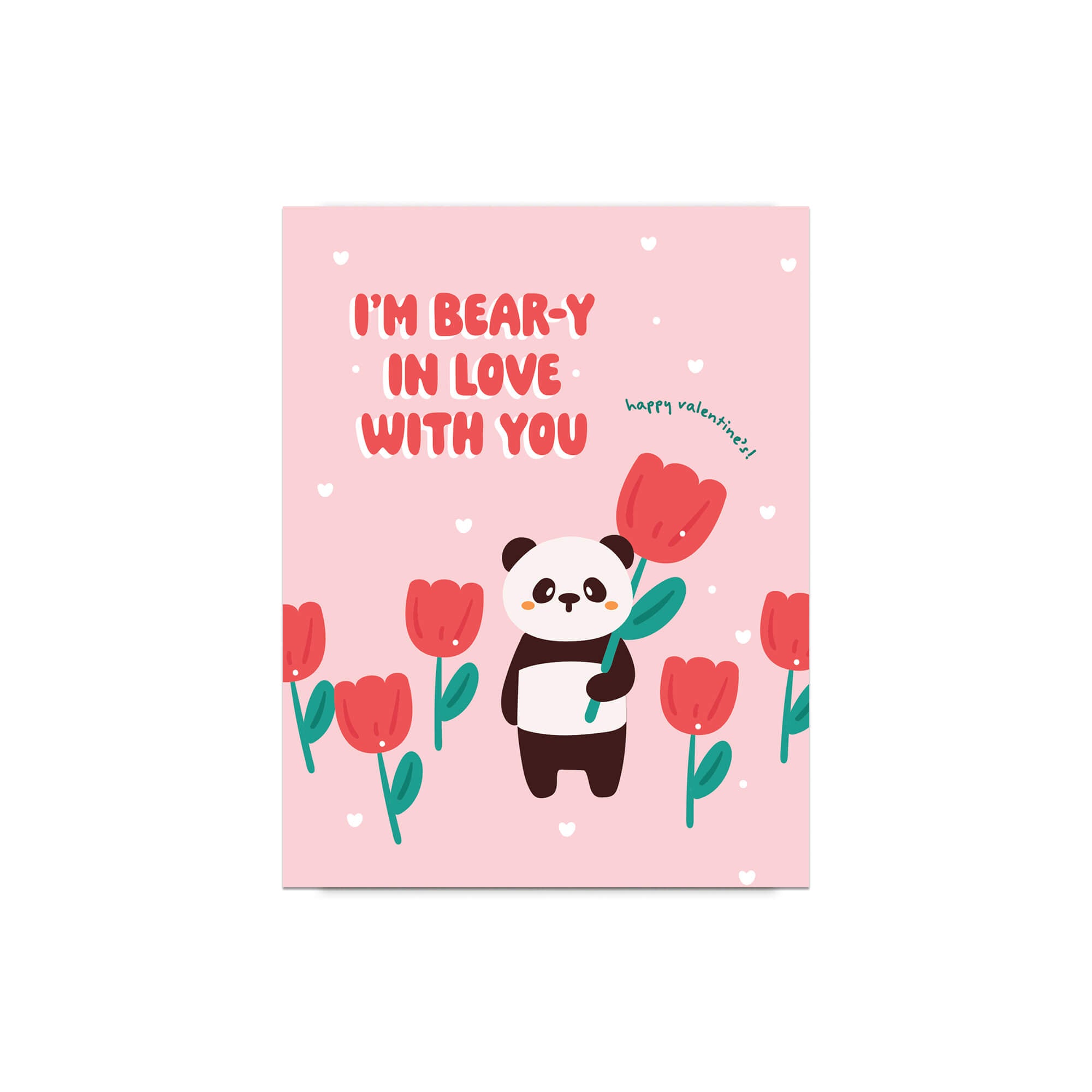 Valentine's Day card with a panda holding flowers and text on a pink background