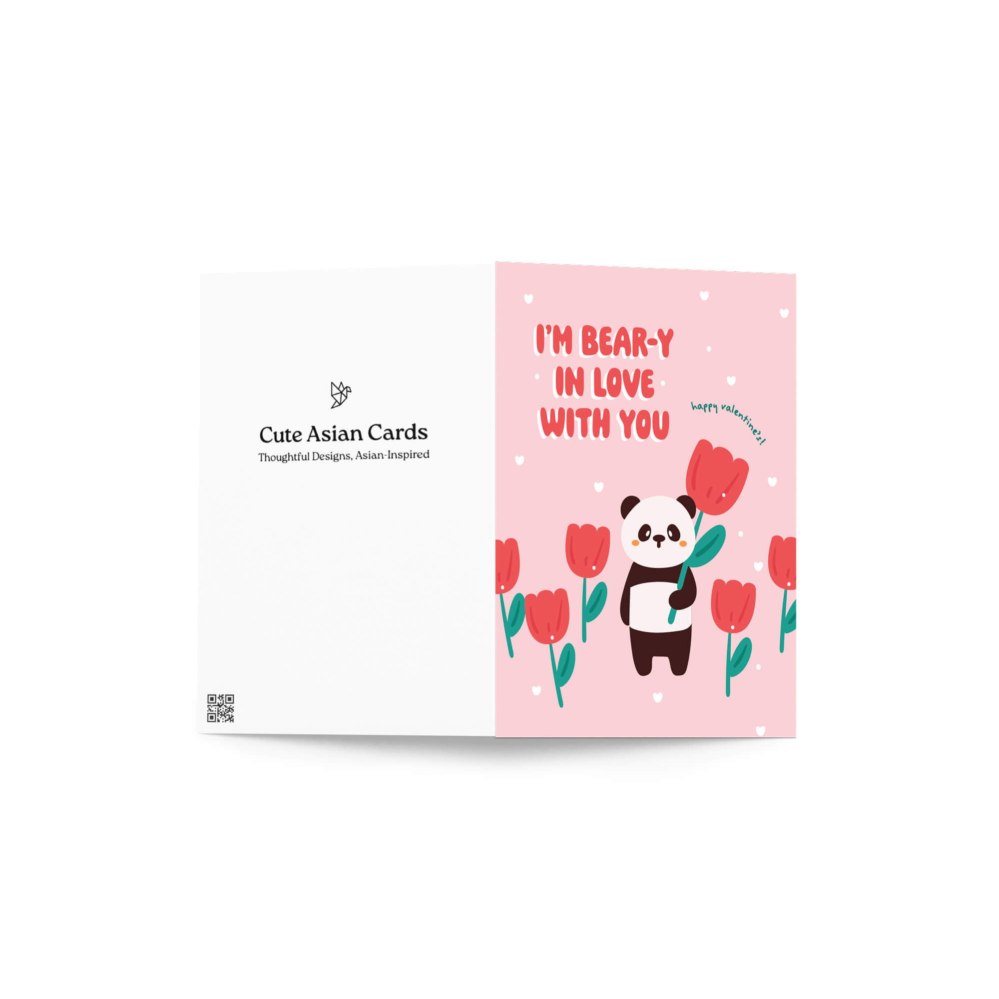Card with a panda holding flowers and text 'I'm bear-y in love with you' on a pink background.