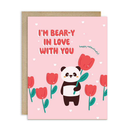 Valentine's Day card with a panda holding flowers and text on a pink background