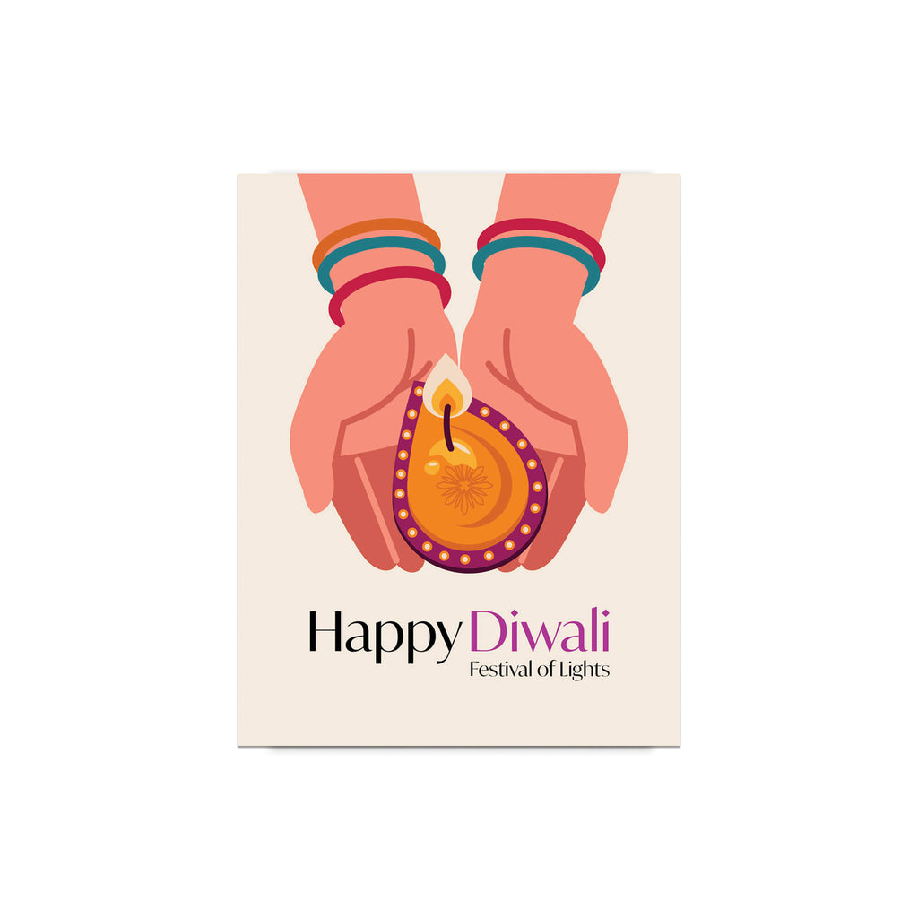 indian Greeting card with hands holding a Diwali oil lamp and 'Happy Diwali Festival of Lights' text on a beige background.