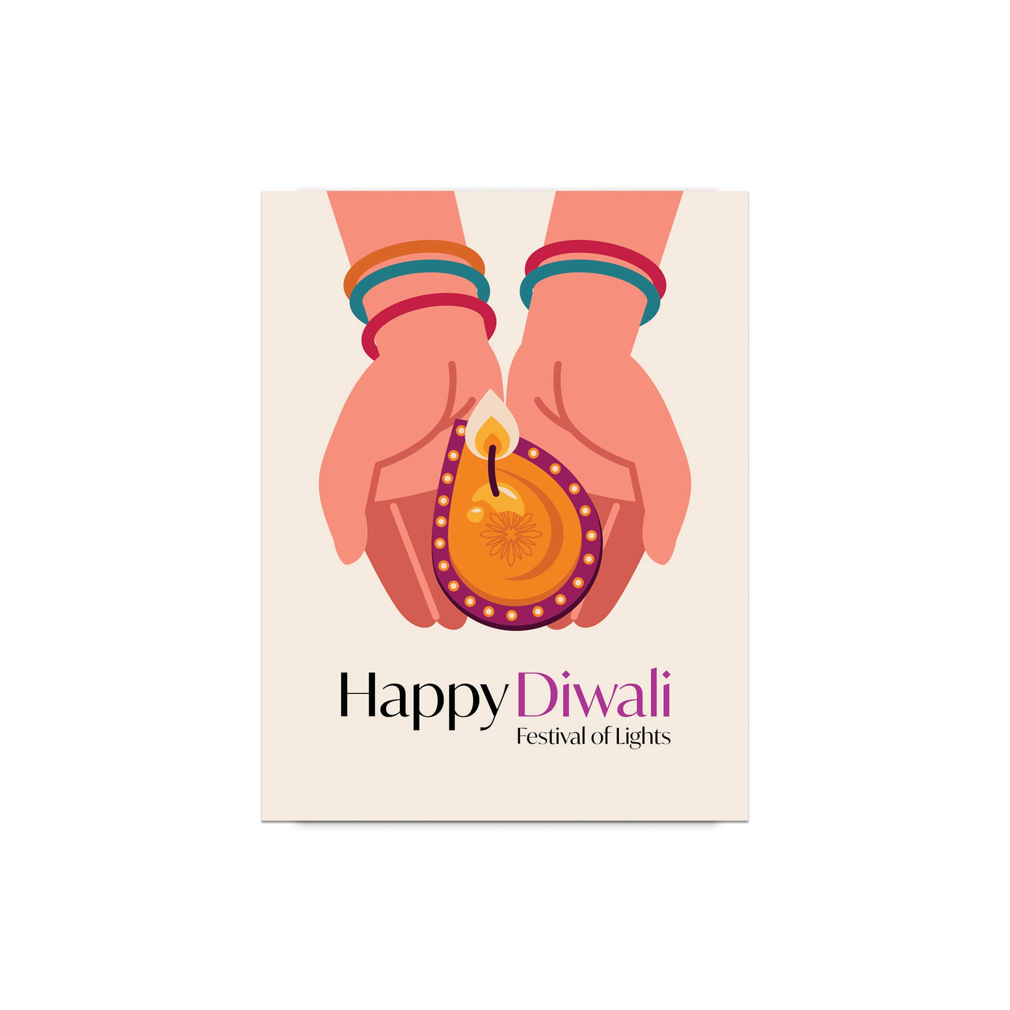 indian Greeting card with hands holding a Diwali oil lamp and 'Happy Diwali Festival of Lights' text on a beige background.