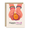 Greeting card with hands holding a Diwali lamp and 'Happy Diwali Festival of Lights' text.