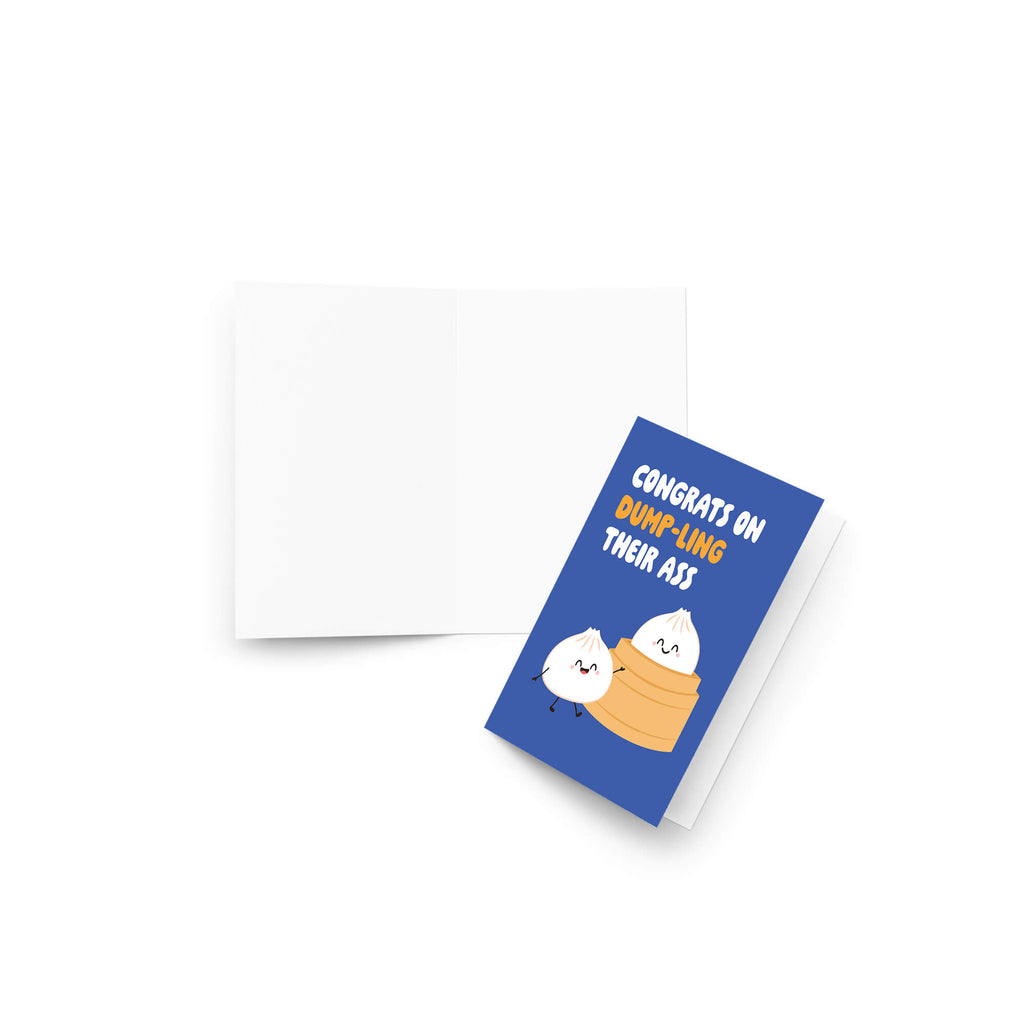 Greeting card with cartoon dumplings and humorous text on a white background