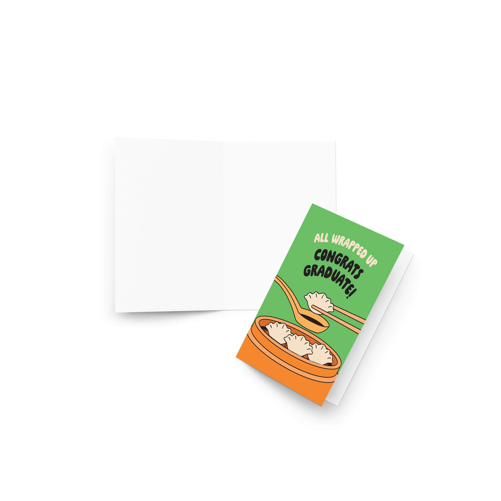 Graduation card with dumplings and text 'All Wrapped Up Congrats Graduate!' on a green background.