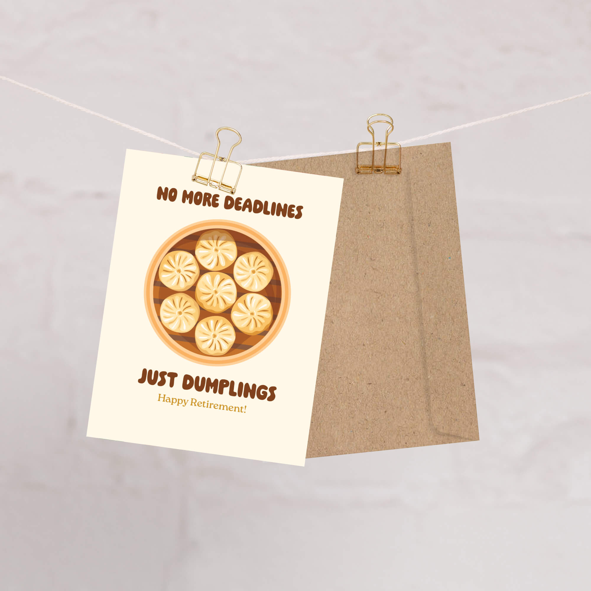 Retirement-themed card with dumplings and text on a beige background