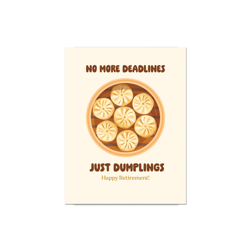 Greeting card with dumplings and humorous text on a beige background