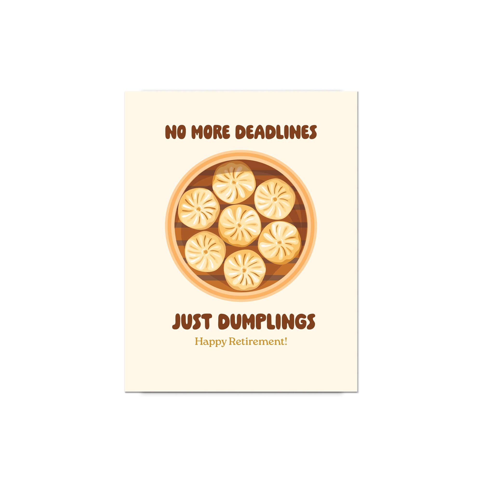 Greeting card with dumplings and humorous text on a beige background