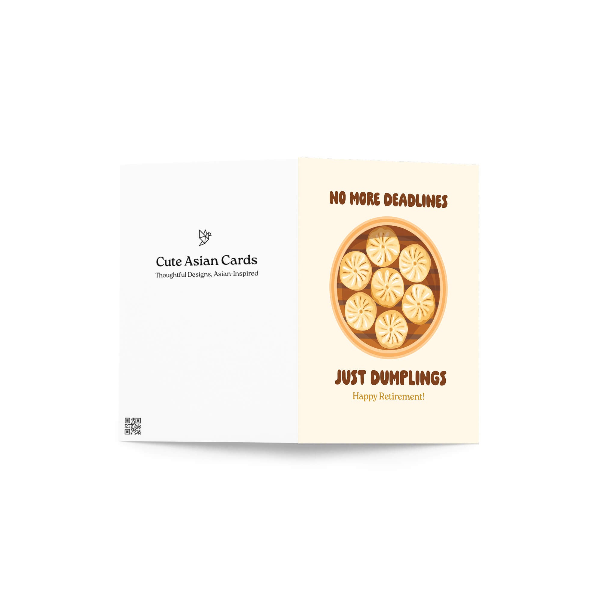 Card with dumplings design and text on a white background
