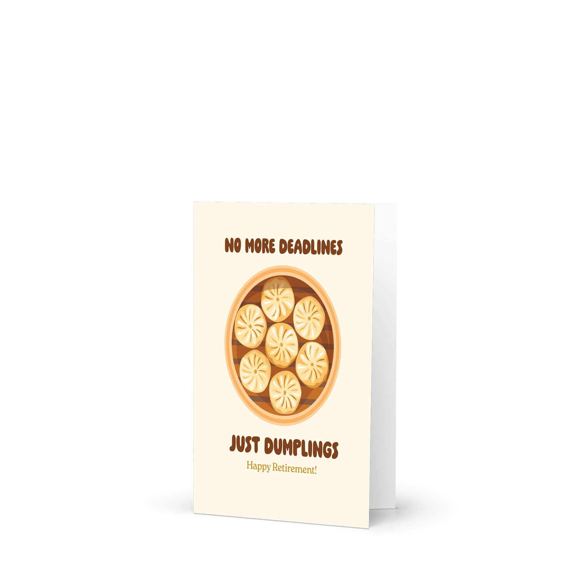Greeting card with dumplings design and humorous text on a white background