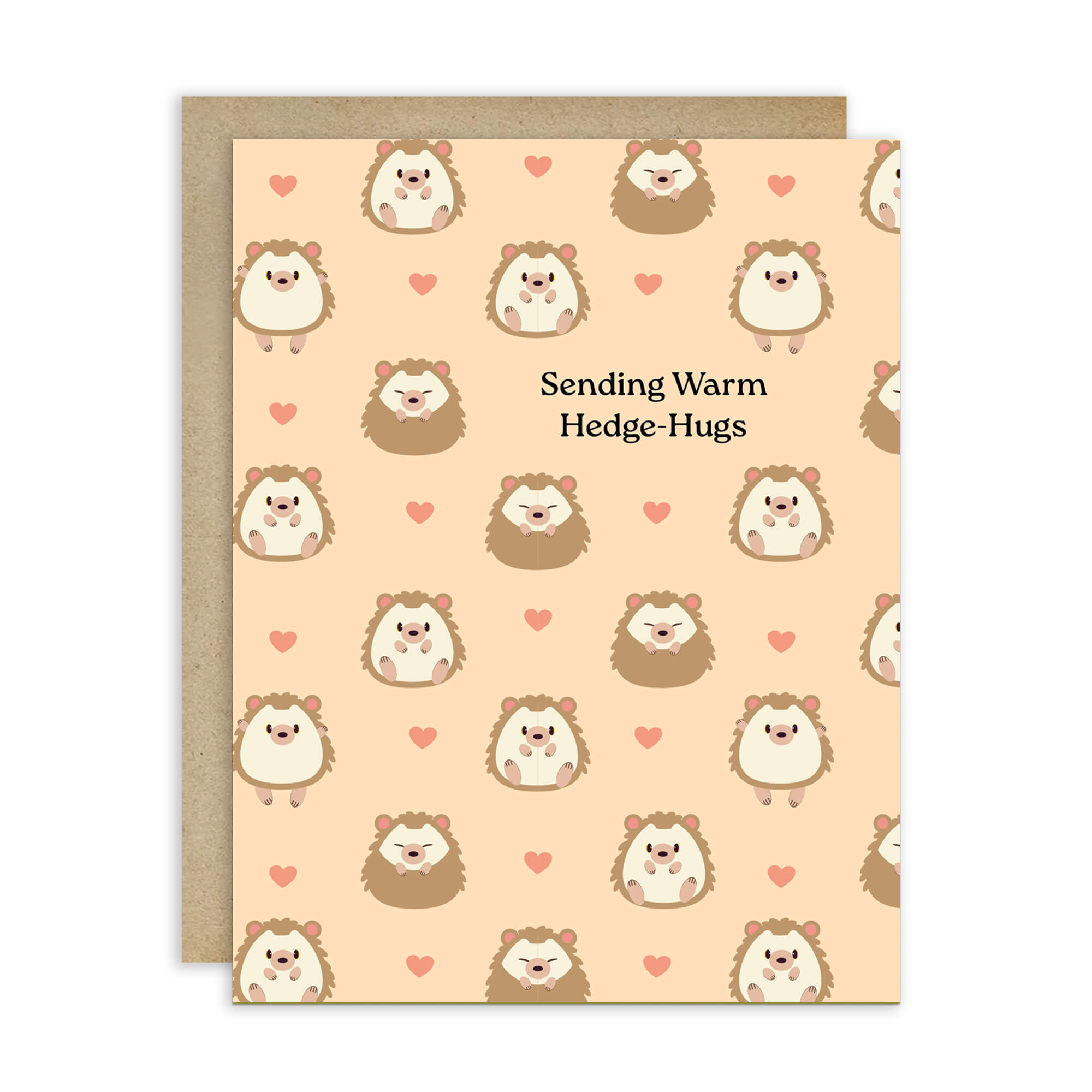 FALL Greeting card with hedgehog illustrations and text 'Sending Warm Hedge-Hugs' on a peach background.