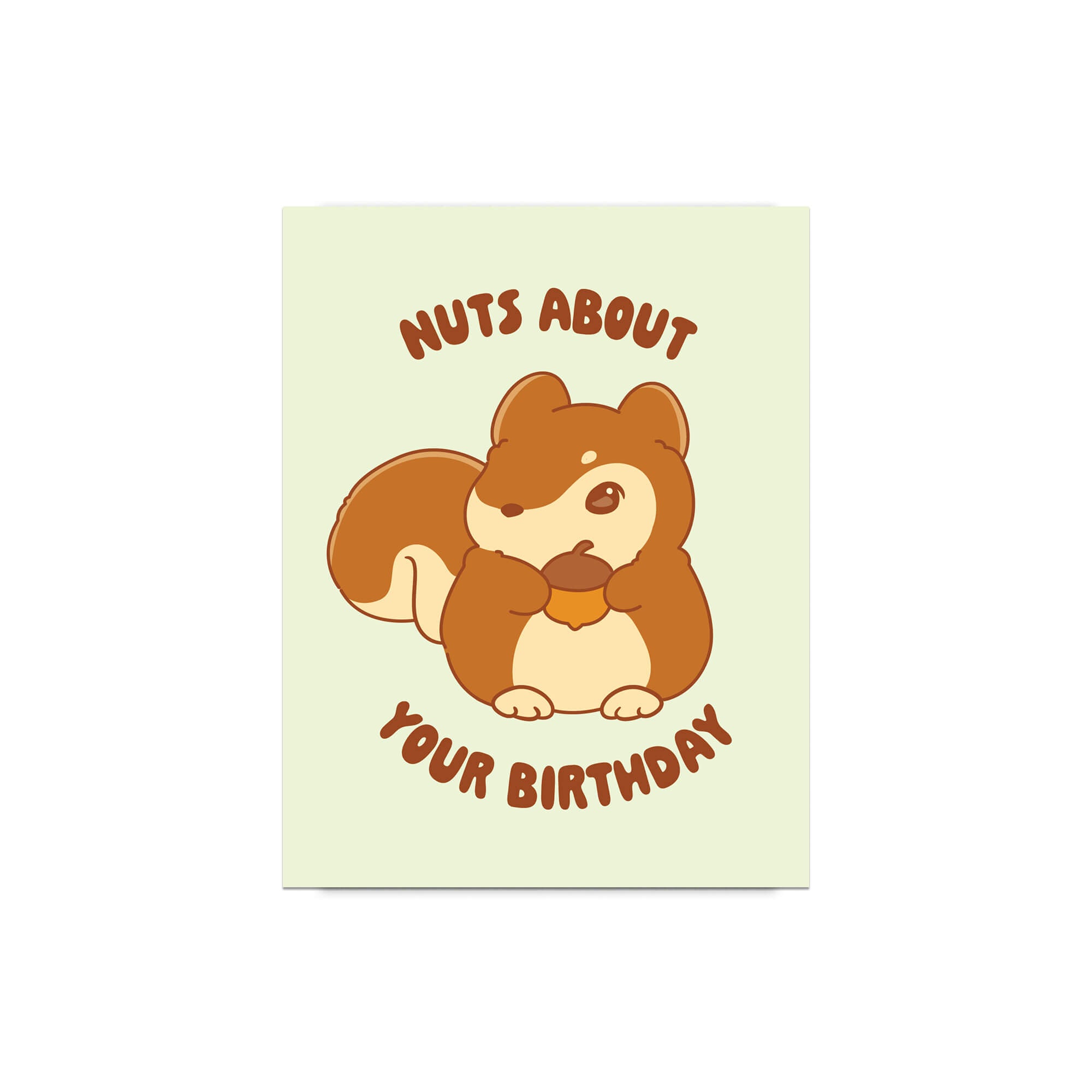 Cartoon squirrel holding a nut with text 'Nuts About Your Birthday' on a light green background