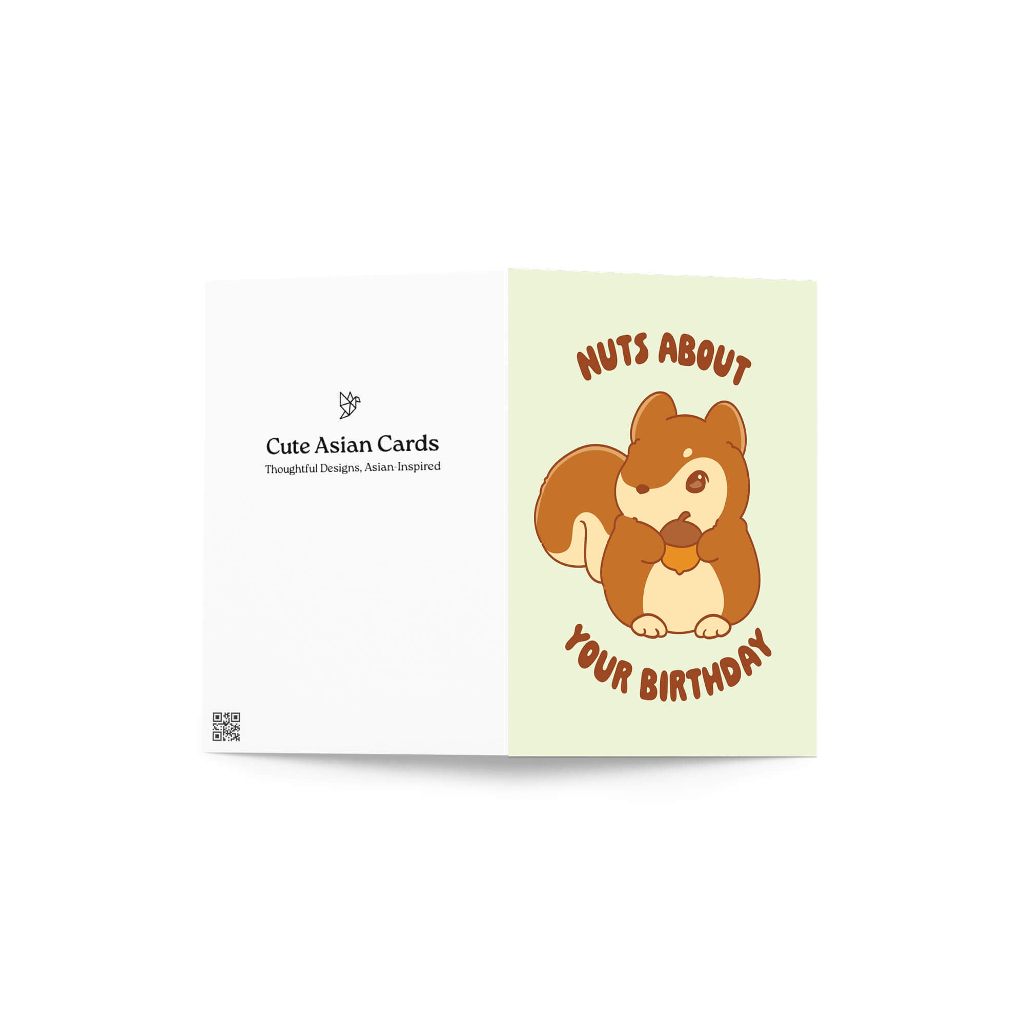 autumn Greeting card with a cartoon squirrel and text 'Nuts About Your Birthday' on a light yellow background.