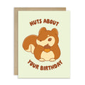 fall Birthday card with a cartoon squirrel holding a nut and text 'Nuts About Your Birthday' on a light green background.