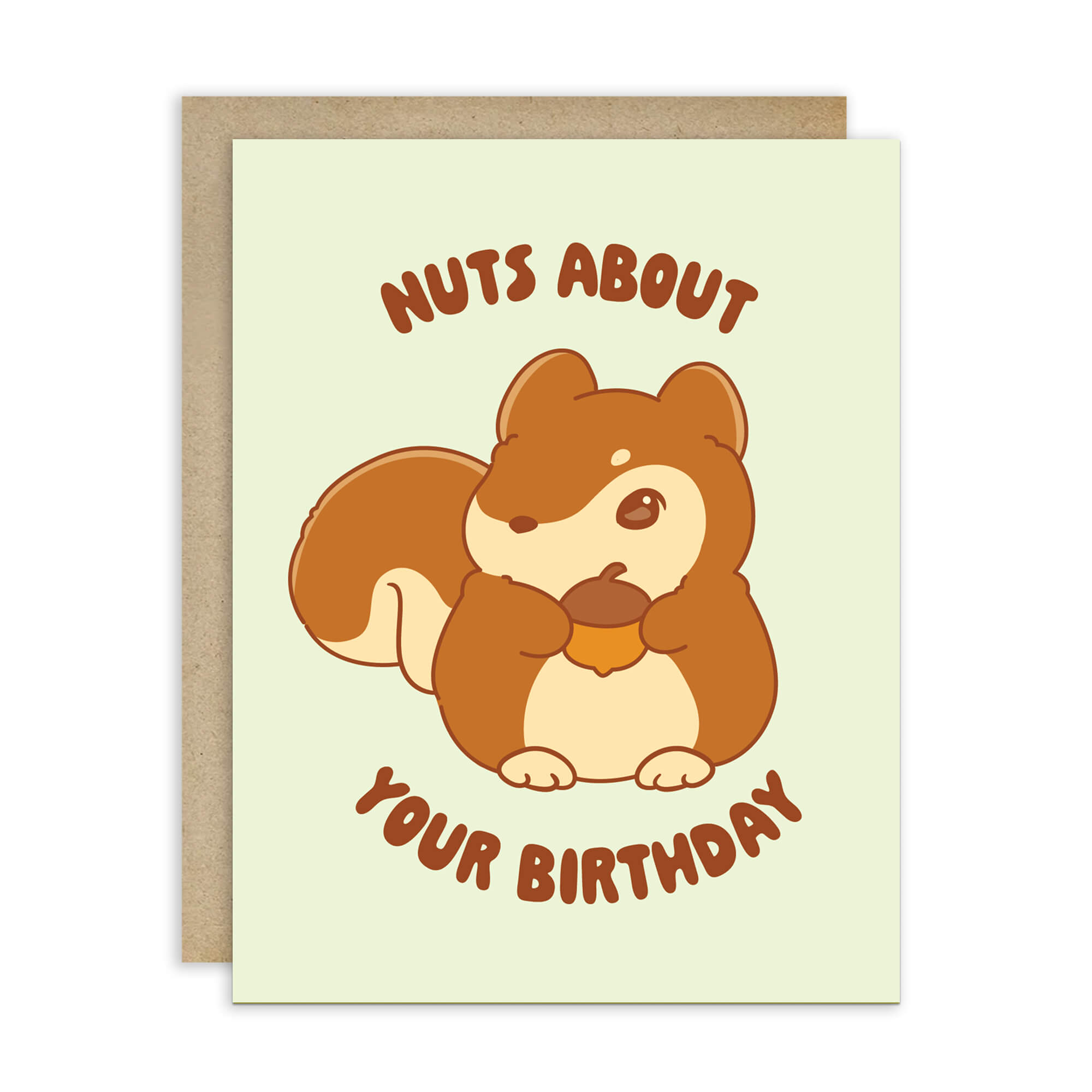 fall Birthday card with a cartoon squirrel holding a nut and text 'Nuts About Your Birthday' on a light green background.