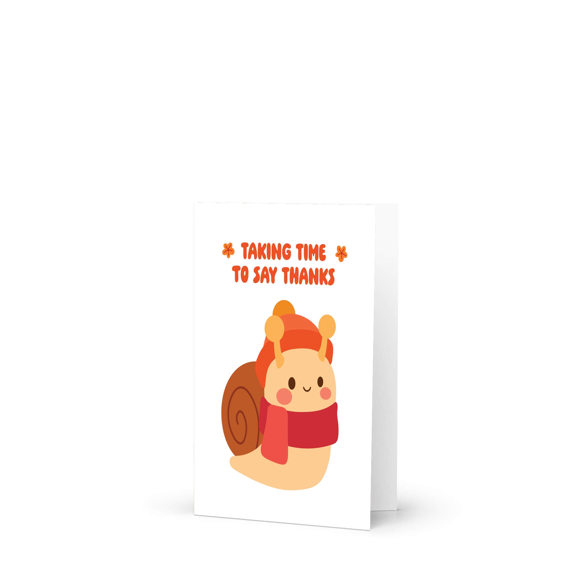 fall Greeting card with a cartoon snail wearing a red hat and scarf, and text 'Taking time to say thanks' on a white background.